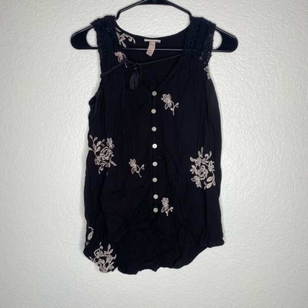 Knox Rose sleeveless button up blouse top boho embroidered floral lightweight S